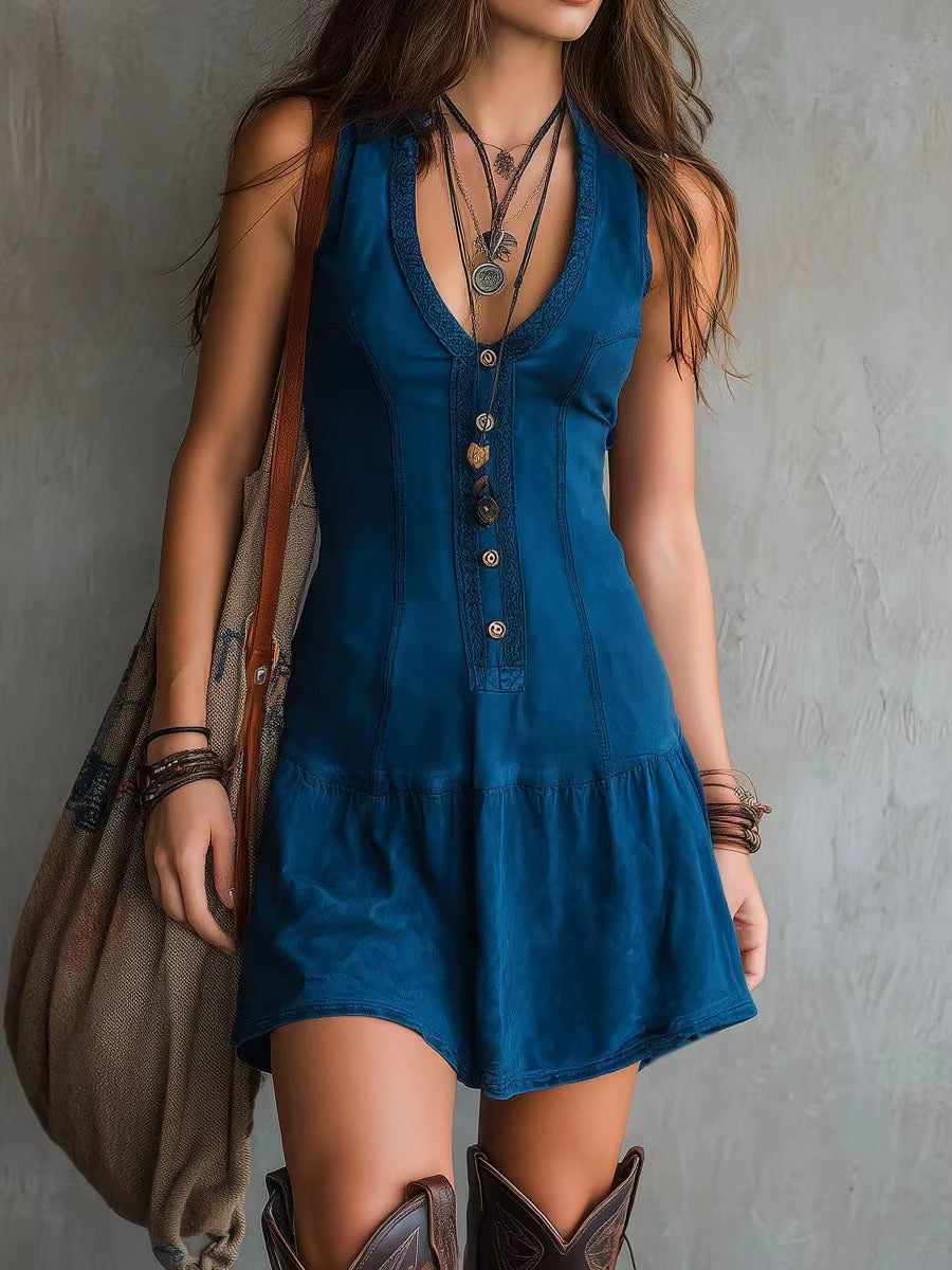 Vestito Estivo Boho Chic Donna – Mini Abito Smanicato con Bottoni e Scollo a V